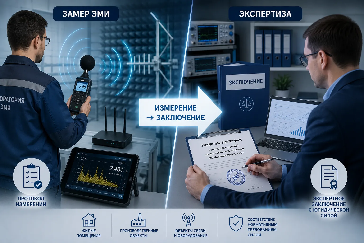 Схема работы лаборатории ЭМИ: от замера электромагнитного излучения на объекте до выдачи экспертного заключения