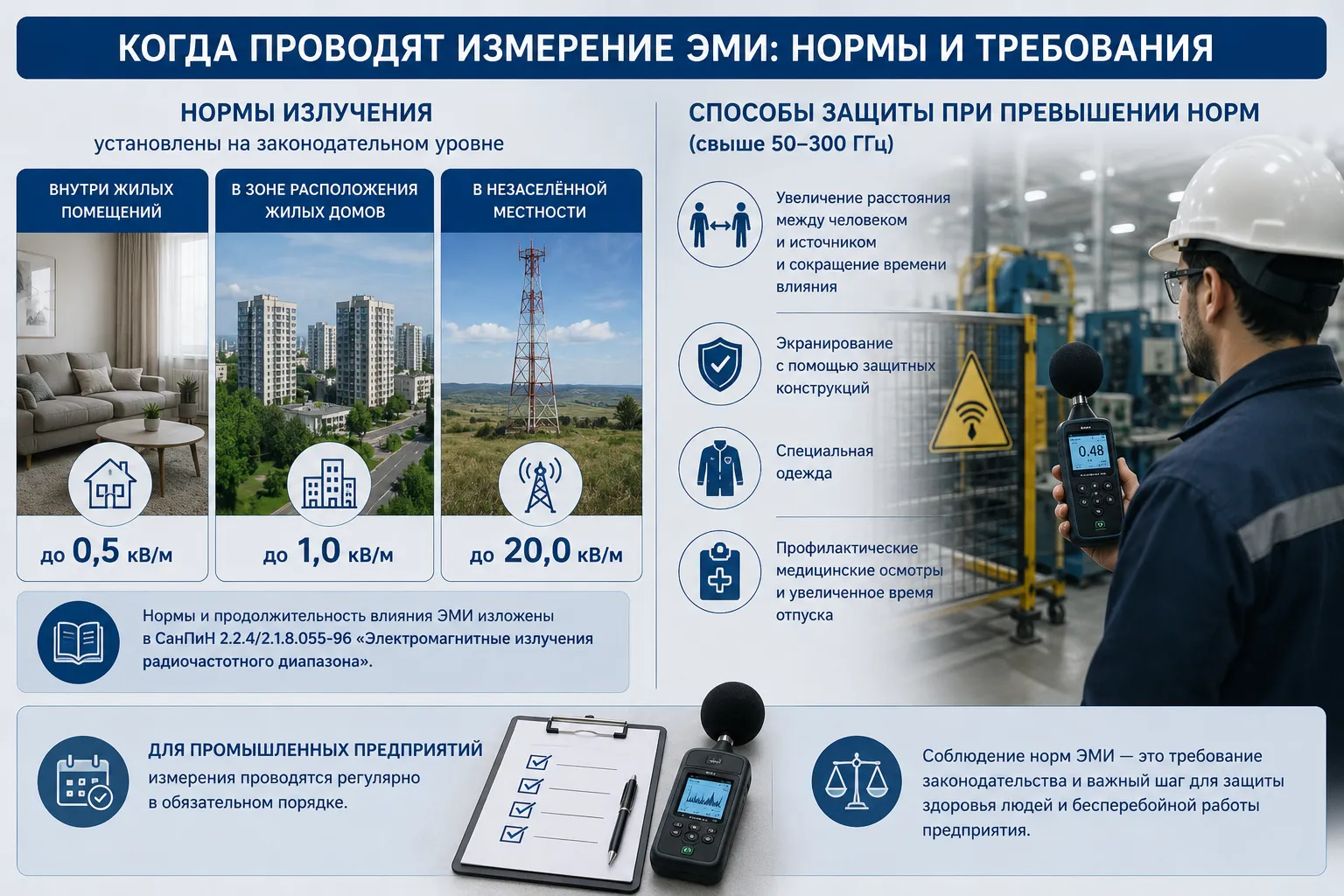 Инфографика о нормах электромагнитного излучения ЭМИ: допустимые уровни для жилых зон и промышленных объектов