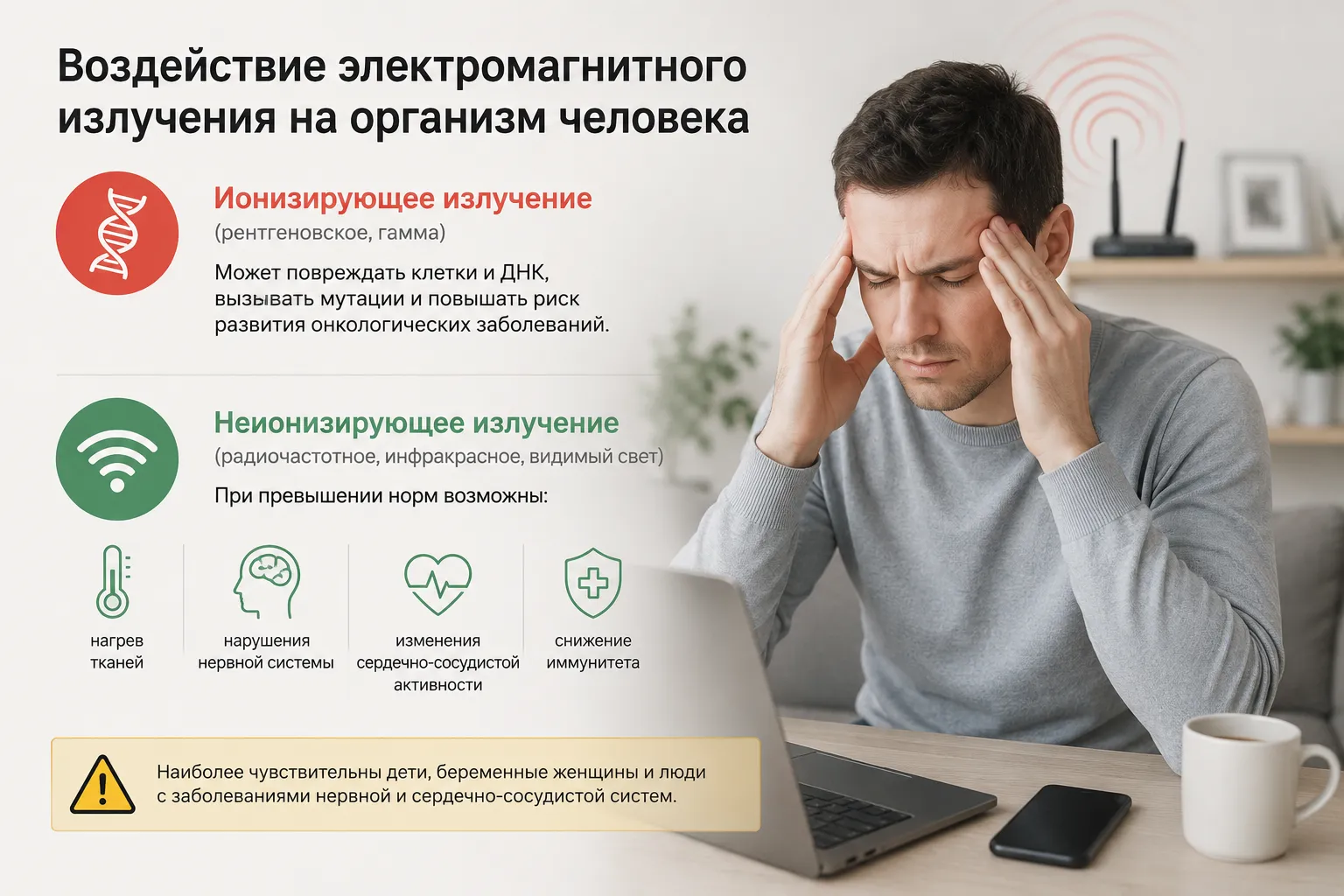 Инфографика: воздействие электромагнитного излучения на организм человека - ионизирующее и неионизирующее излучение