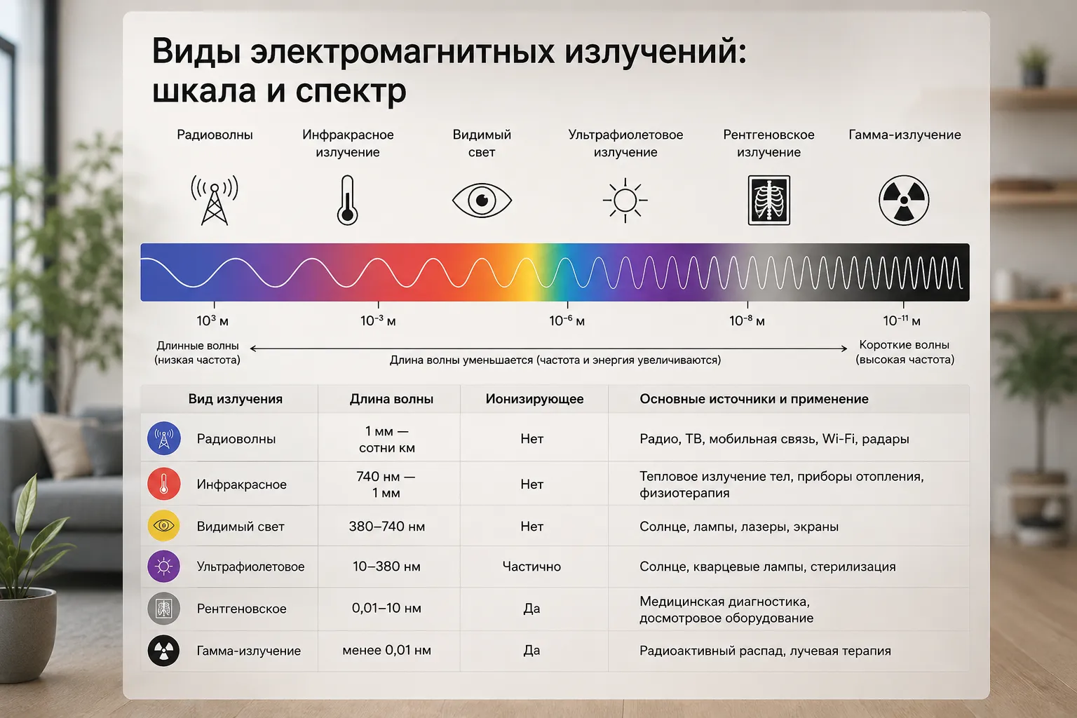 Инфографика: виды электромагнитных излучений — шкала спектра от радиоволн до гамма-излучения с длинами волн