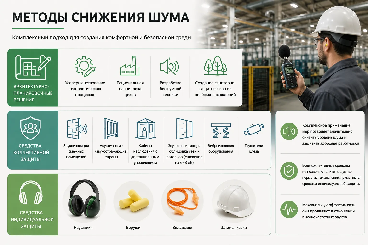 Инфографика: методы снижения шума на производстве архитектурно-планировочные решения