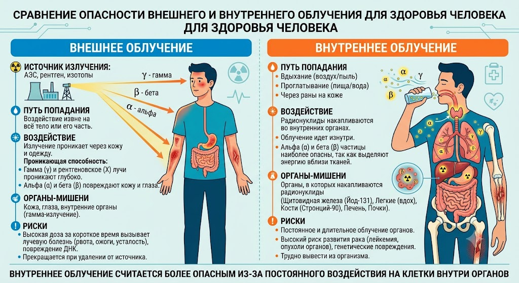 Сравнение опасности внешнего и внутреннего облучения для здоровья человека