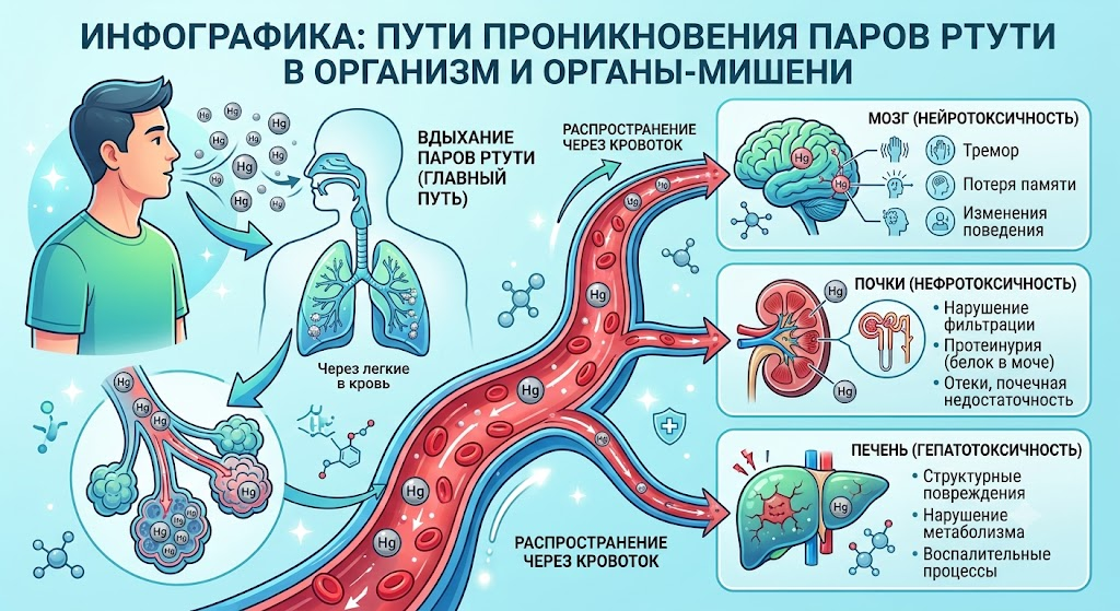 Схема влияния паров ртути на организм человека и поражаемые органы
